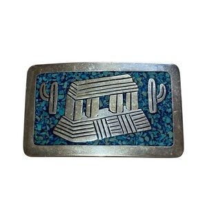 Vintage Mexican Sterling Silver Turquoise Inlay Belt Buckle